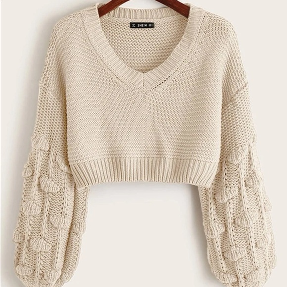Shein Pom Pom Drop Shoulder Cropped Sweater in Beige — Large - Picture 9 of 9